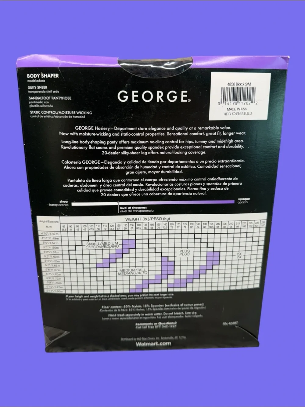 George Body Shaper Silky Sheer Pantyhose Sandalfoot Small/Medium Black 4858